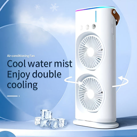 Rechargeable Portable Mini Double Fan Air Cooler With Mist Humidifier And Led Lighting, Mini Table Cooling Fan