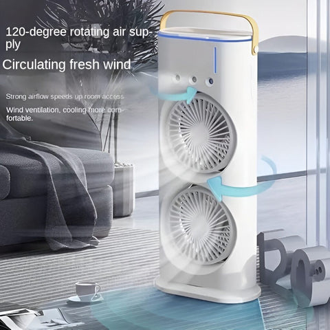 Rechargeable Portable Mini Double Fan Air Cooler With Mist Humidifier And Led Lighting, Mini Table Cooling Fan