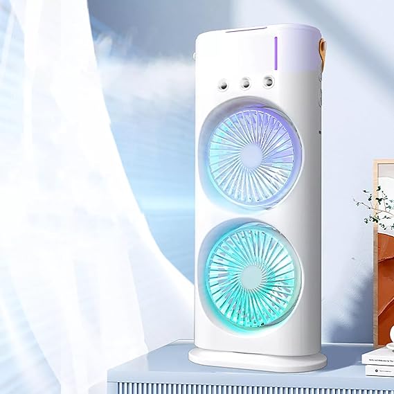 Rechargeable Portable Mini Double Fan Air Cooler With Mist Humidifier And Led Lighting, Mini Table Cooling Fan
